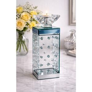 Modern Glass Crystal Studded Pillar Candle Holder Decor 10 Inch